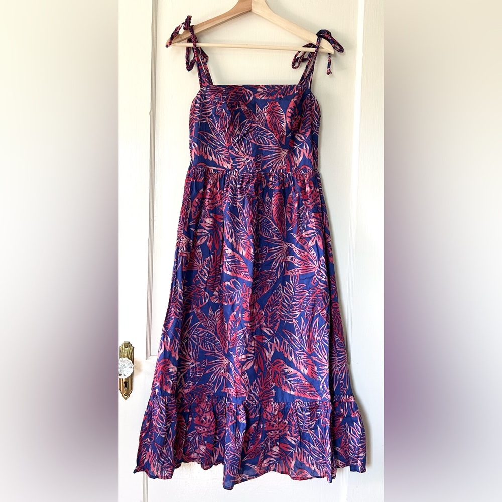 Tori Richard Cotton Tie Shoulder Palm Print Midi Dress Red Blue‎ XS